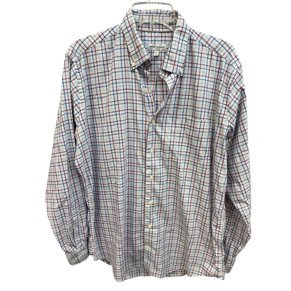 Peter Millar Button Down Shirt Mens L Blue Purple‎ Plaid Long Sleeve Casual